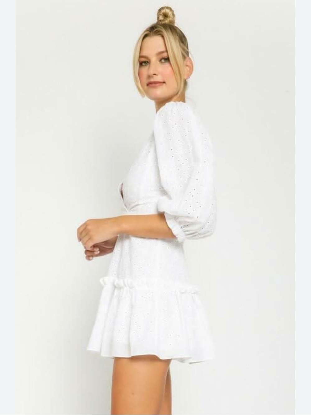 Olivaceous White Eyelet Puff-Sleeve Mini Dress